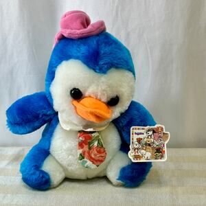 VTG Blue Penguin Plush Commonwealth Toys Huggables Pink Hat Floral Tie Stuffed